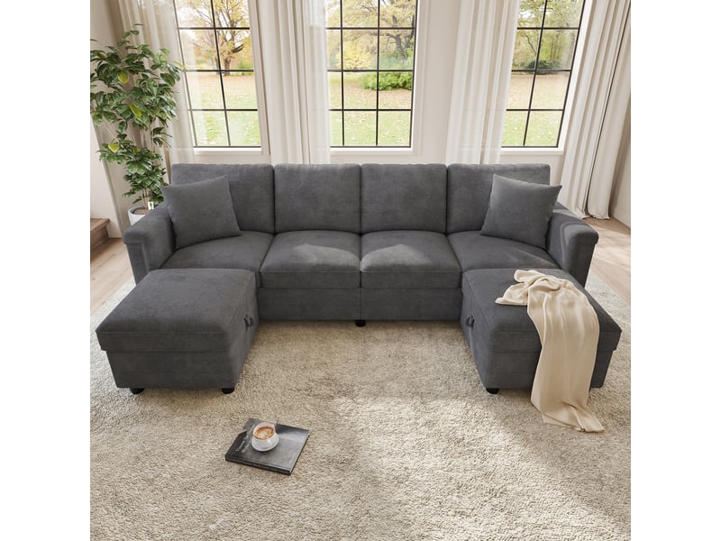 Canapé modulable 4 places 261 x 134 x 82 cm, convertible en lu, 2 poufs coffre, 2 coussins décoratifs, multifonction, chenille, gris OMNIGLINT TRADING LTD - Conforama B