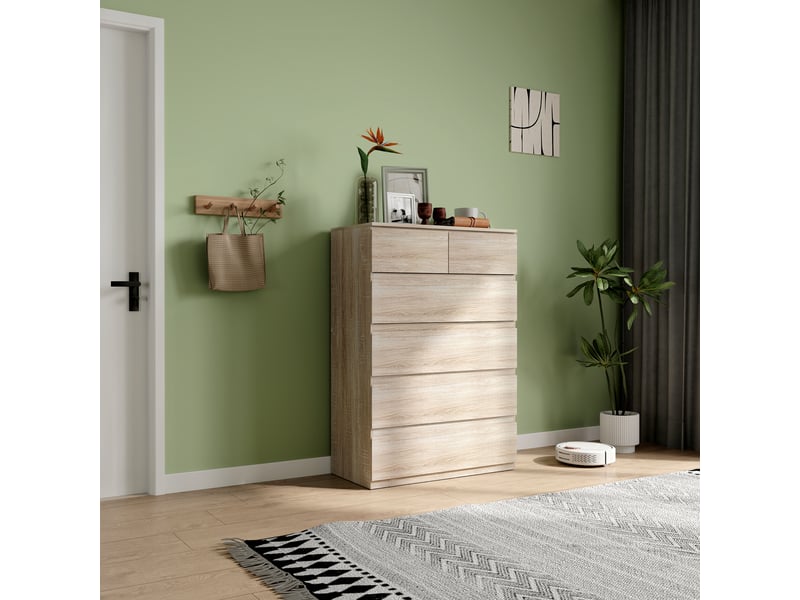  Commode à 6 tiroirs, sans poignées, design minimaliste, 80 x 39 x 115 cm, bois naturel  - Conforama D