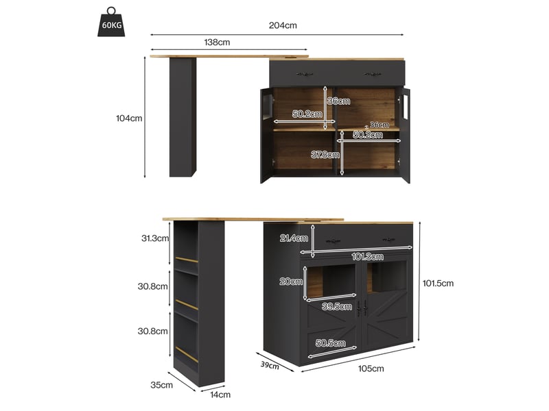  Ilot cuisine, buffet de cuisine avec rangements intégrés, plateau extensible, pivotant à 360°, dimensions 138 à 204 x 39 x 104 cm, mdf, noir  - Conforama C