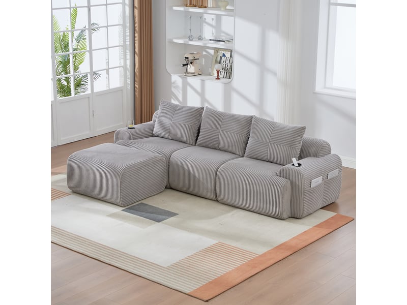  Canapé modulable 3 places 268 x 174 x 80 cm, avec poufs, porte-gobelets, poche de rangement latérale, velours côtelé, gris clair Bliss Lite - Conforama E