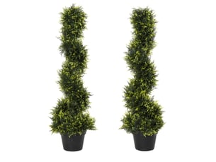 Lot de 2 plantes artificielles cèdre spiralé 90 cm – vert – pots noirs inclus, usage intérieur extérieur