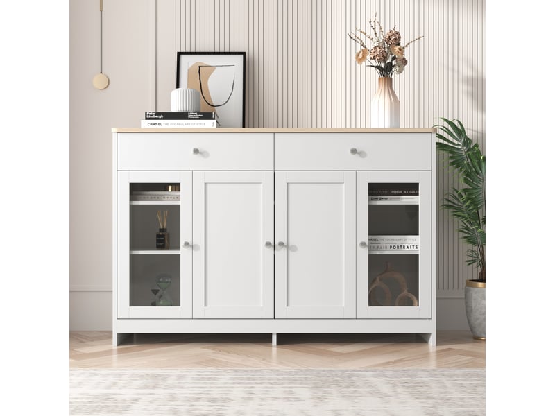  Buffet blanc effet bois- 4 portes, 2 tiroirs, portes vitrées - rangement pour salonsalle à manger  - Conforama C