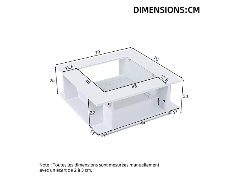  Table basse carrée blanche avec éclairage led - plateau en verre et rangement 70x70x30 cm  - Conforama C