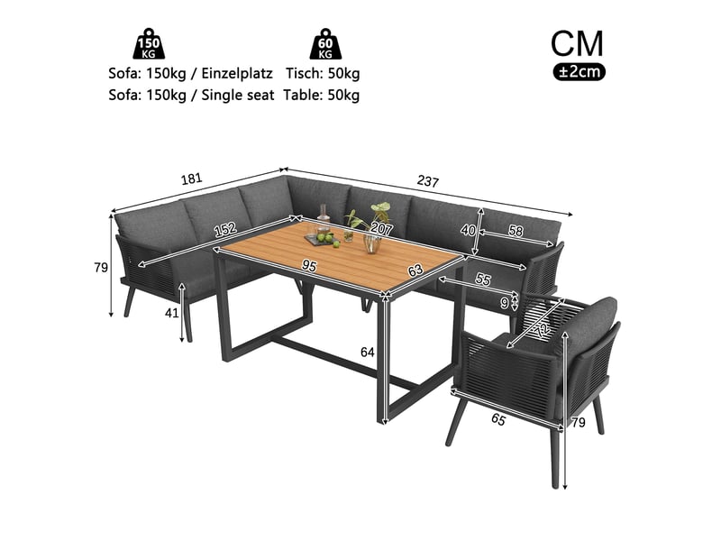  Salon de jardin d’angle,7 places avec table basse et coussins,fer,gris  - Conforama C