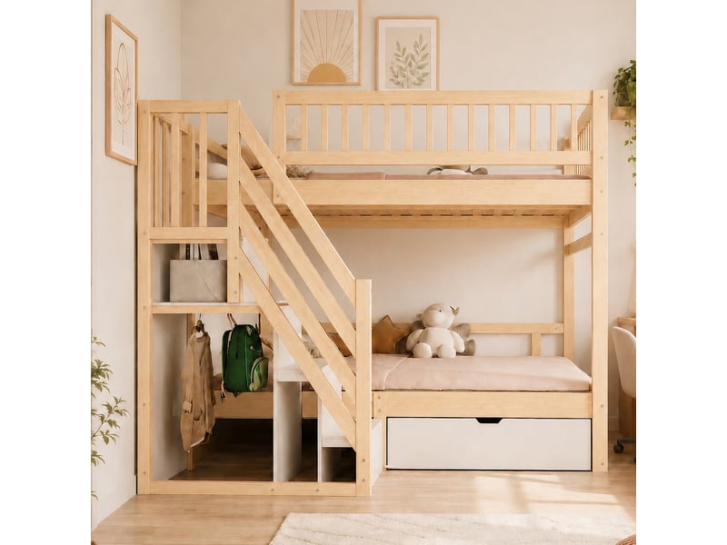  Lit superposé enfant 140×200 cm avec escalier de rangement et tiroirs - okmyhome- bois, sans matelas  - Conforama C