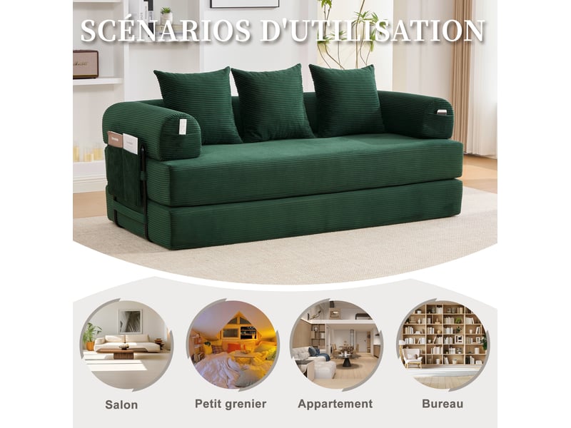  Canapé modulaire 3 places 200x94x67 cm – vert émeraude – 3 coussins, poches latérales et cadre en métal  - Conforama E