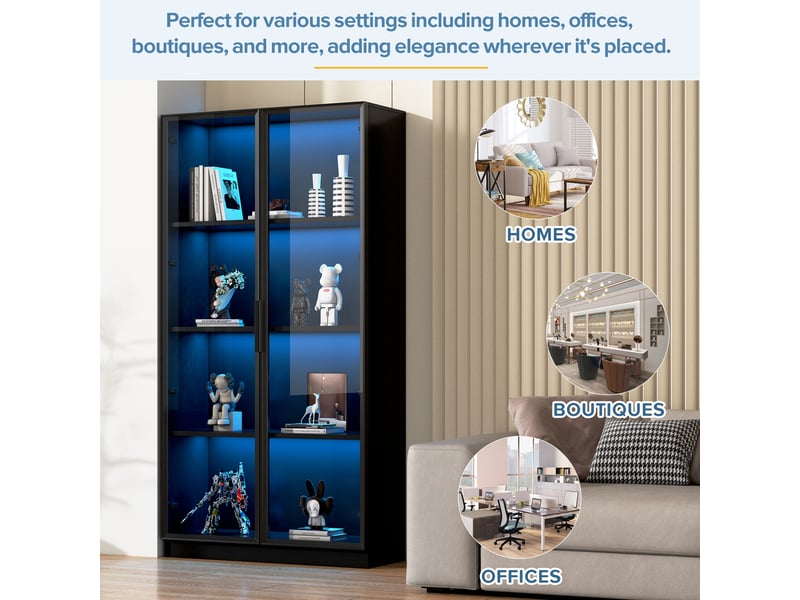 Vitrine avec led par application, 4 portes et étagères mobiles, meuble haut pratique pour salon ou salle de bain.  - Conforama W