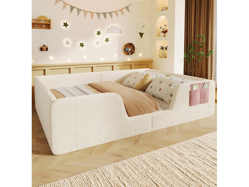  Lit 2 places enfant rembourré 140x190 cm en velours beige avec barrières amovibles  - Conforama D