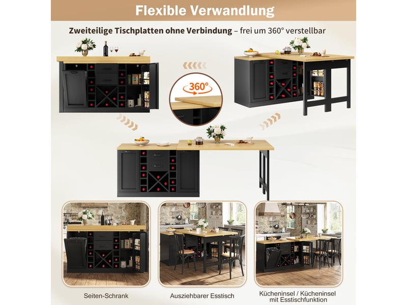 Îlot de cuisine noir rotatif 360° 120–223cm avec rangement, casier à vin amovible, support poubelle et étagères snacks - Conforama D