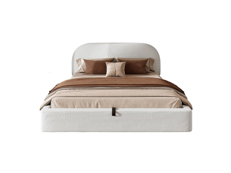  Lit coffre capitonné 180 x 200 cm avec rangement hydraulique, tête de lit rembourrée, matelas et sommier en bouclé beige  - Conforama A