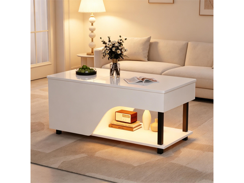  Table basse relevable avec rangement caché et étagères réglables et led, pour salon, en panneau de particules, blanc - uvrion  - Conforama B