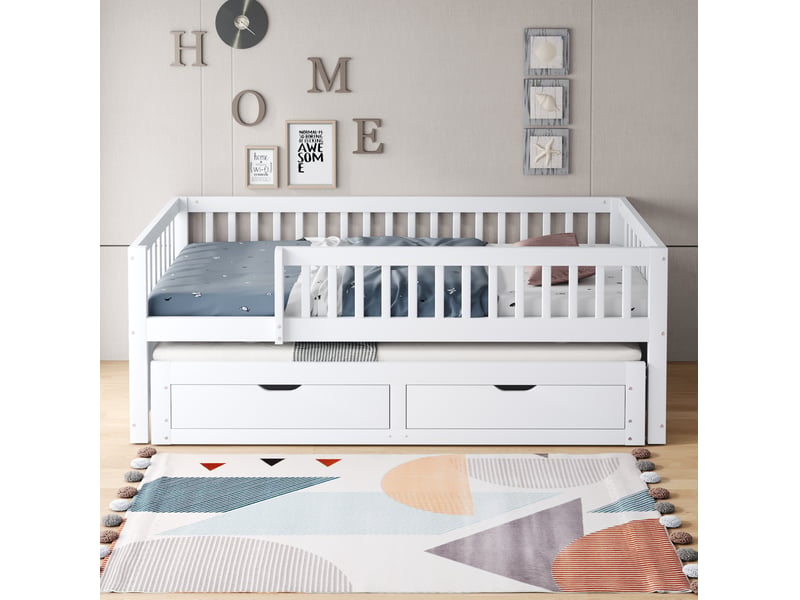  Couchage gigogne, 90x200 cm, avec garde corps de sécurité intégral, 2 tiroirs, matelas non inclus, bois, coloris blanc  - Conforama E