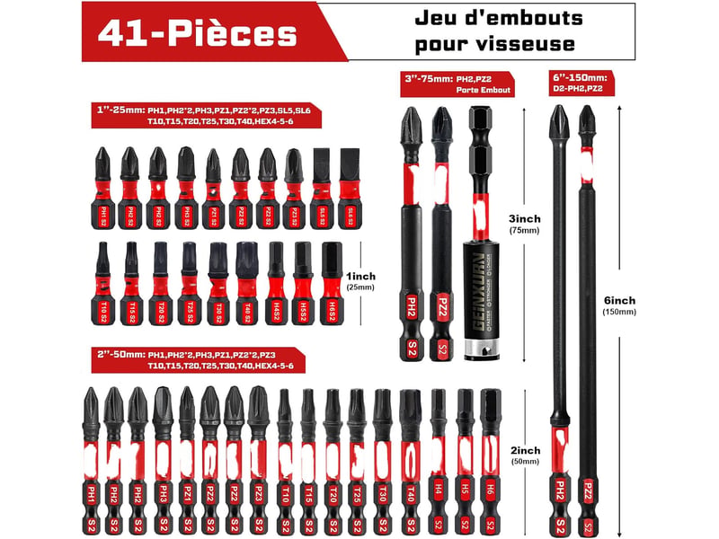  Embouts de vissage aux chocs , embout magnétique pour visseuse tournevis tige hexagonale 14 41 pièces  - Conforama B