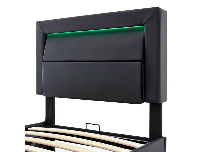  Lit coffre 90x190cm, lit 1 place avec led, tête de lit réglable et sommier, rangement, pu noir, sans matelas  - Conforama R