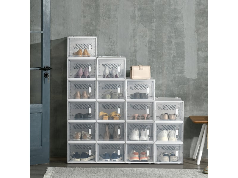  Rangement chaussures 18 pièces, boîtes empilables jusqu'à pointure 45, portes magnétiques, plastique, 28x36x21 cm.  - Conforama C