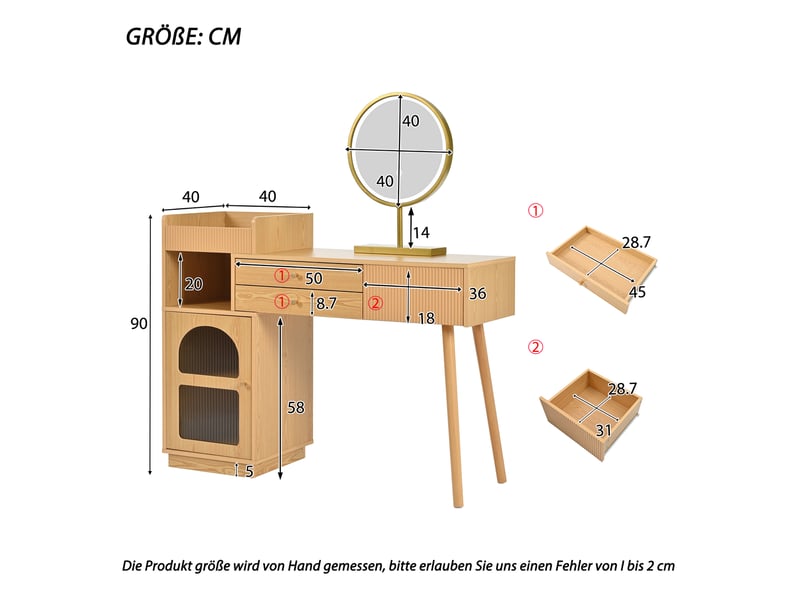  Coiffeuse avec miroir led 120x40x90cm rangement | style moderne effet chêne et verre cannelé | 3 tiroirs charge 50kg - bois naturel  - Conforama E