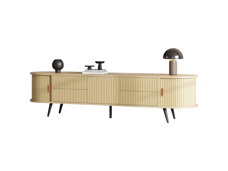  Meuble tv bois ovale 180x40x45 cm – rayures, 4 tiroirs, 1 placard, portes à volet roulant, pour tv 80 pouces  - Conforama A
