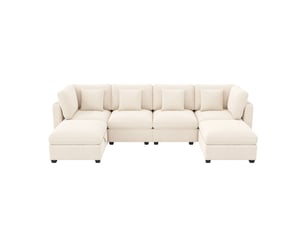 Canapé d'angle modulaire 6 places avec 2 poufs de rangement - poches latérales, chenille gaufrée beige