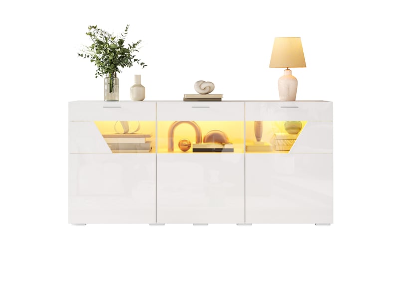  Buffet 160x38x78 cm 3 portes avec led, blanc brillant  - Conforama A
