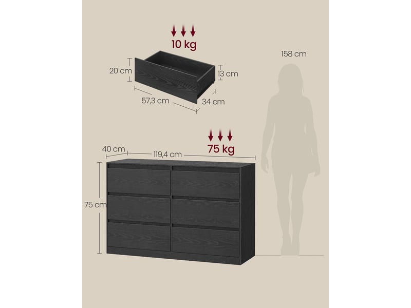  Commode de rangement moderne 40 x 119,4 x 75 cm avec 6 tiroirs fonctionnels et design élégant en aggloméré noir 12_0012287  - Conforama B