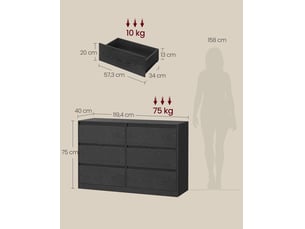 Commode de rangement moderne 40 x 119,4 x 75 cm avec 6 tiroirs fonctionnels et design élégant en aggloméré noir 12_0012287