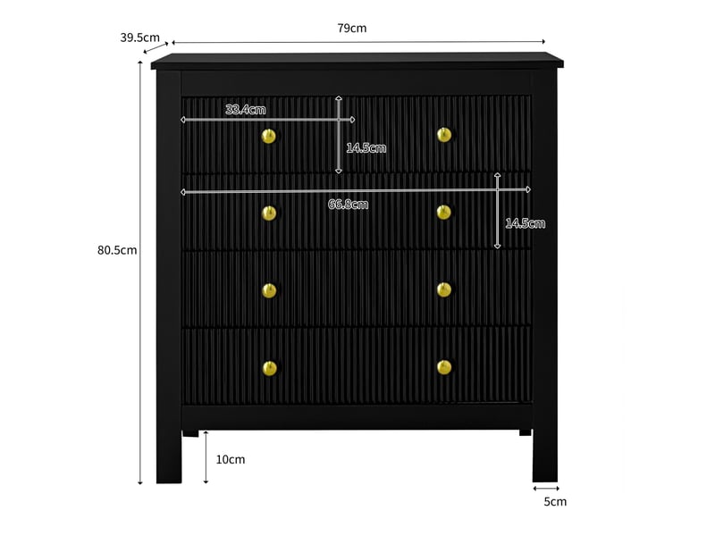  Commode de rangement noire à 5 tiroirs texturés et poignées dorées – 79 x 39,5 x 80,5 cm  - Conforama D