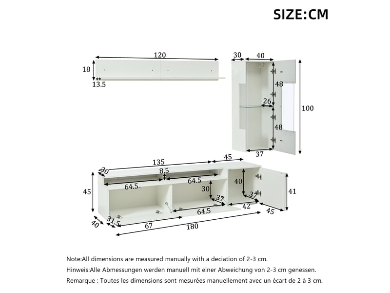  Meuble tv tcqpz ensemble mural 3 pièces blanc brillant led pour tv jusqu'à 80 pouces mdf verre acrylique  - Conforama C