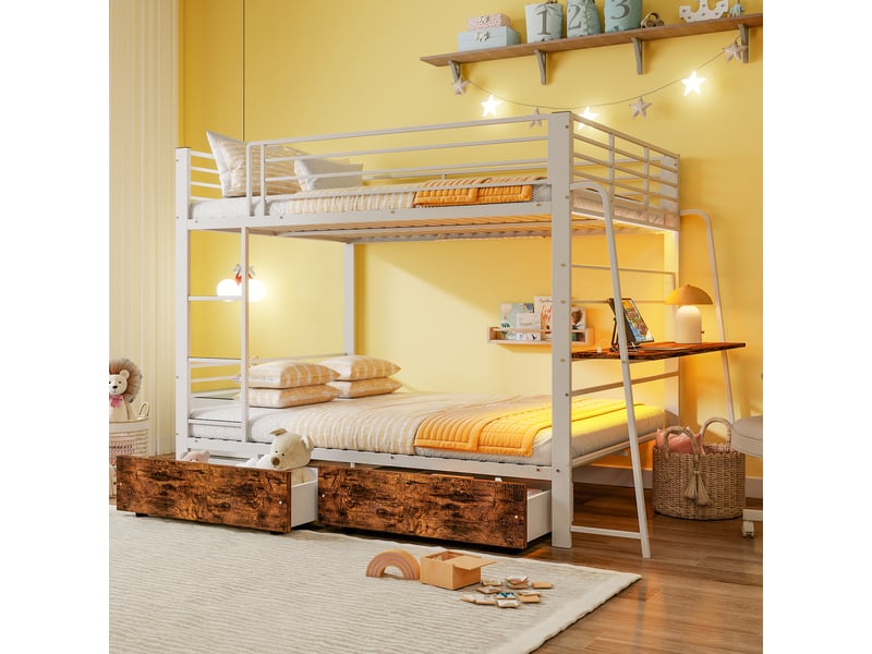  Lit mezzanine 140 x 200 cm, lit avec bureau, 2 tiroirs, bureau intégré, éclairage led, ports usb et usb-c, barrières de sécurité, métal, blanc  - Conforama B