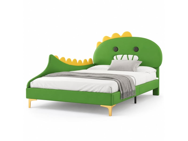  Lit enfant 140 x 200 cm forme dinosaure, en pu et mdf, avec sommier à lattes vert  - Conforama A