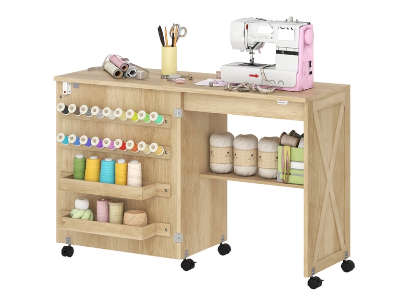 Table de couture pliable mobile 2 bacs 18 porte-bobines étagère naturel - Conforama E
