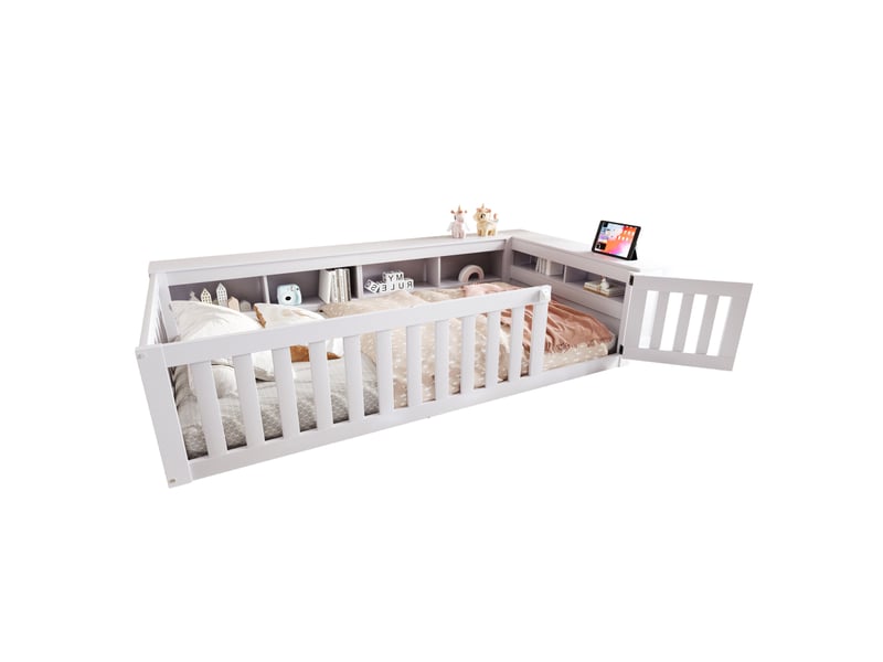 Lit enfant 90x200 cm avec rangements, barrières de sécurité et sommier blanc - Conforama A
