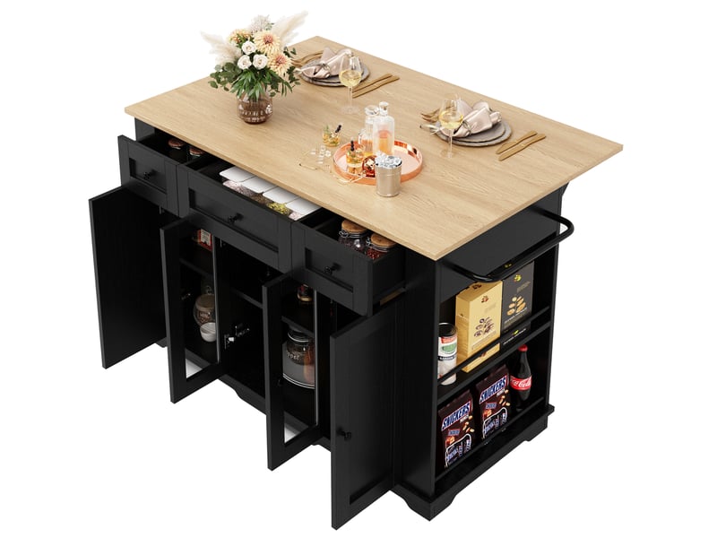  Desserte 151,5x60x91,7 cm, îlot de cuisine, plateau pliable, tiroirs et portes, en mdf et verre trempé, noir et bois  - Conforama A