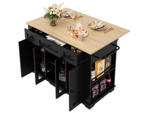 Desserte 151,5x60x91,7 cm, îlot de cuisine, plateau pliable, tiroirs et portes, en mdf et verre trempé, noir et bois