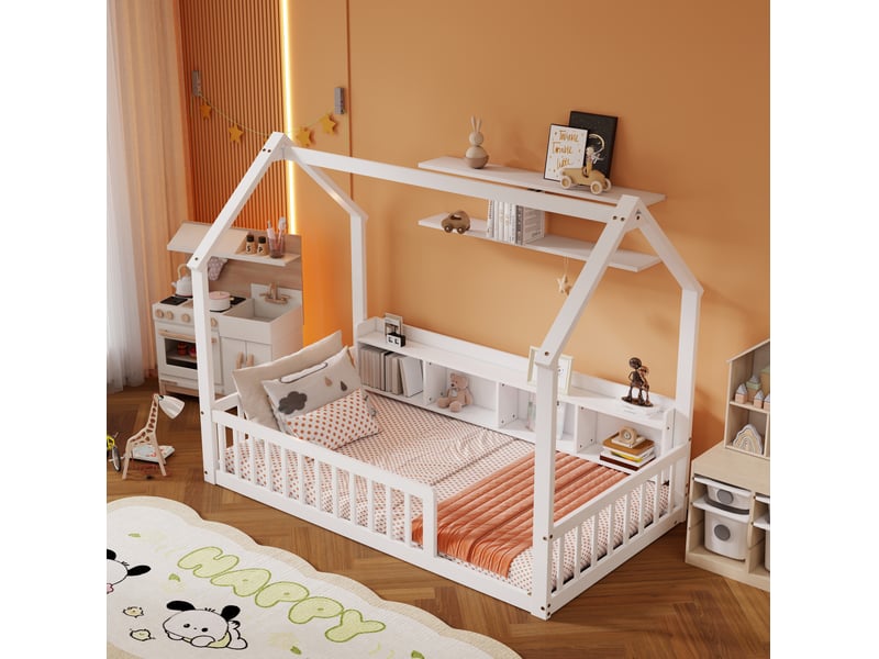  Lit cabane enfant 90x200 cm blanc avec barrières et 4 niches de rangement  - Conforama B