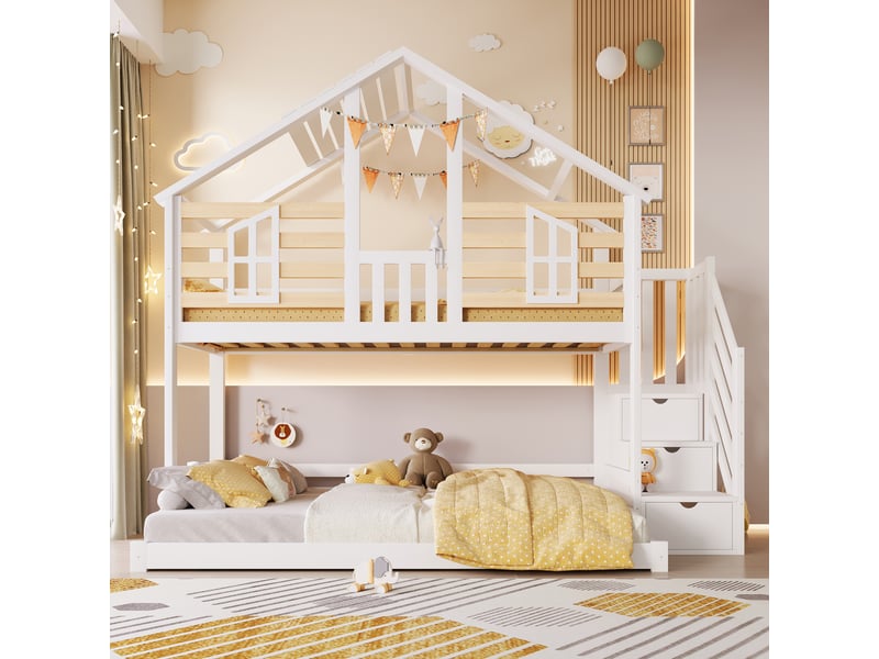  Lit superposé cabane 90x200+140x200 cm avec maison, fenêtres décoratives, escalier avec rangement, 2 couchages, bois blanc et naturel (sans matelas)  - Conforama B