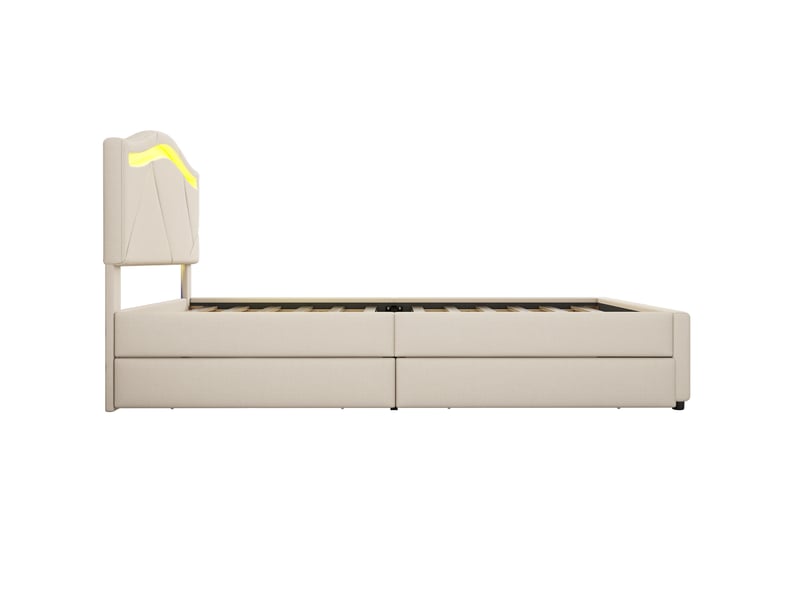  Lit 90x200 cm beige en lin, led, 2 tiroirs, tête de lit réglable, sommier, style minimaliste  - Conforama E