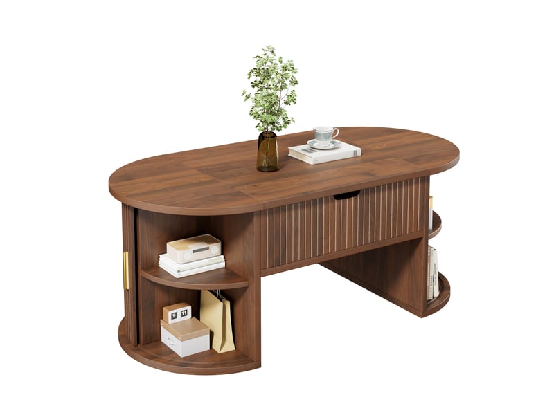  Table basse relevable - 100x50x40.5cm - table basse avec plateau relevable, coffre caché &amp; 2 portes coulissantes - noyer foncée  - Conforama A