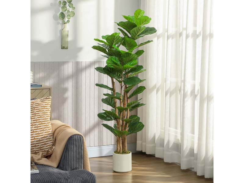  Figuier lyre artificiel, plante artificielle à 71 feuilles, tronc en bois massif, pot, 50 x 50 x 150 cm, vert  - Conforama D