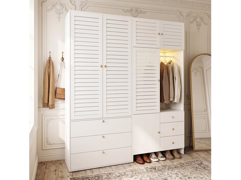Armoire 5 portes avec led, panier à linge et 6 tiroirs 180x50x200 cm blanche - Conforama W