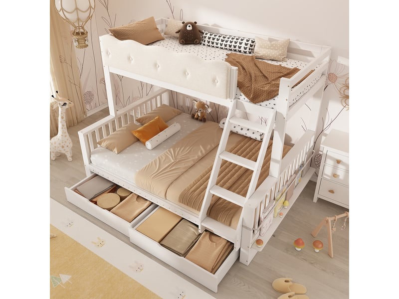 Lit superposé enfant 90x200 et 140x200 avec tiroirs et porte-revues, lit familial en bois blanc, barrière nuage, certifié en 747. - Conforama W