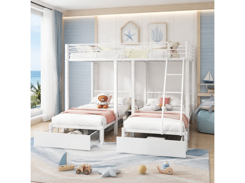 Lit superposé triple séparable avec 2 tiroirs, métal blanc, couchages 140x200 et 90x200 cm - Conforama C