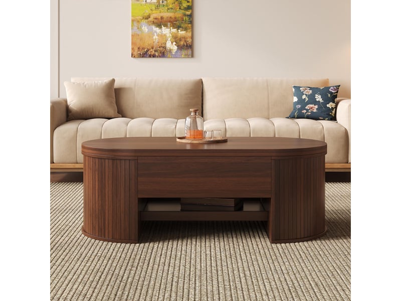  Table basse relevable, table de salon avec plateau relevable et étagère coulissante, style scandinave avec rangement caché 110x55.5x40cm, noyer  - Conforama B