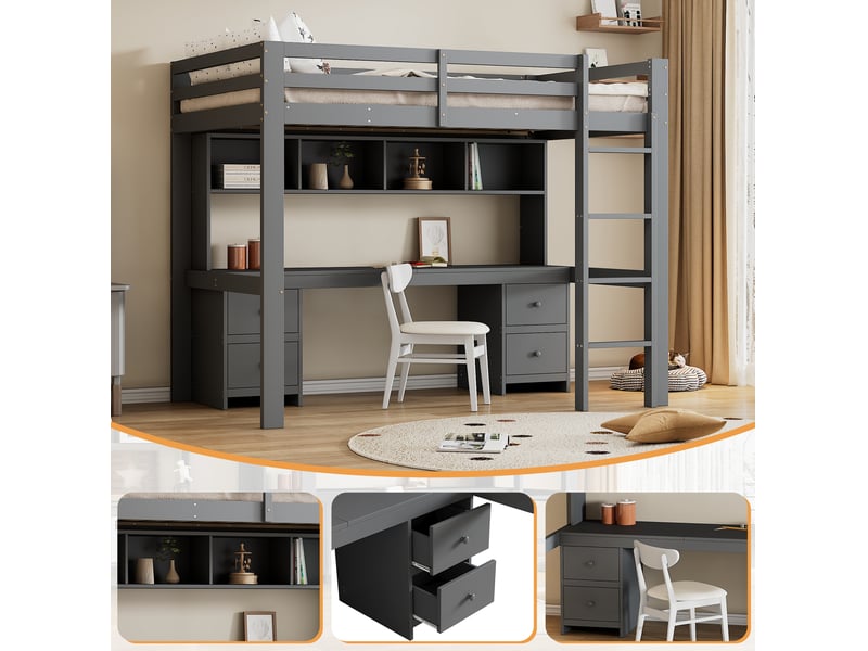  Lit mezzanine enfant 90 x 200 cm avec bureau, rangements et sommier à lattes gris  - Conforama E