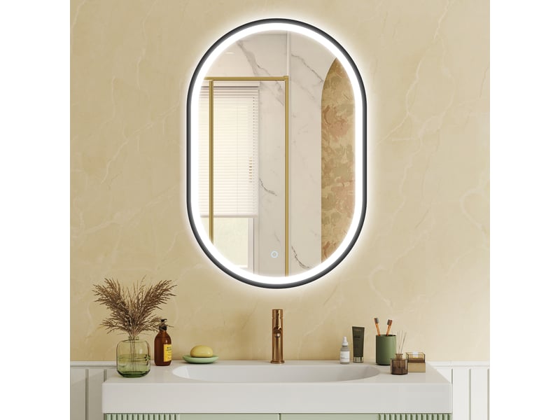  Miroir de salle de bain ovale mural 60 x 90 cm avec éclairage intégré, 3 couleurs de lumière, luminosité réglable, fonction antibuée, noir  - Conforama D