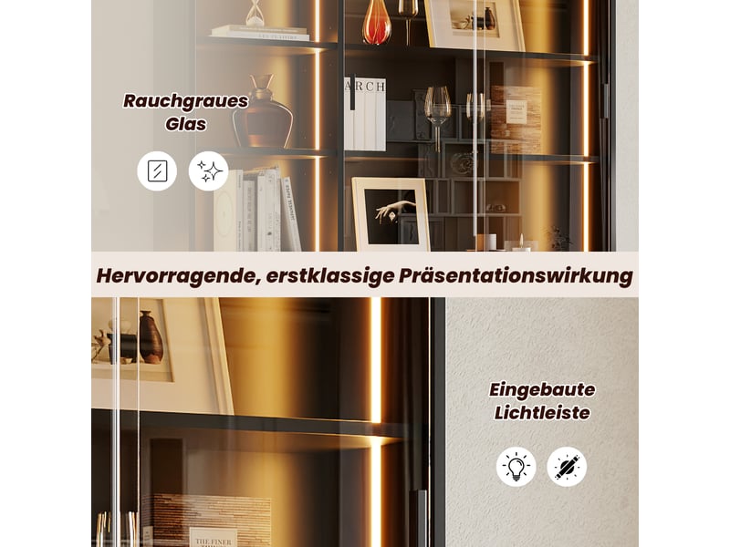 Vitrine haute 120x28,5x180 cm noire avec portes coulissantes en verre trempé, led, 3 tiroirs, étagères ouvertes, meuble rangement salon bureau  - Conforama E