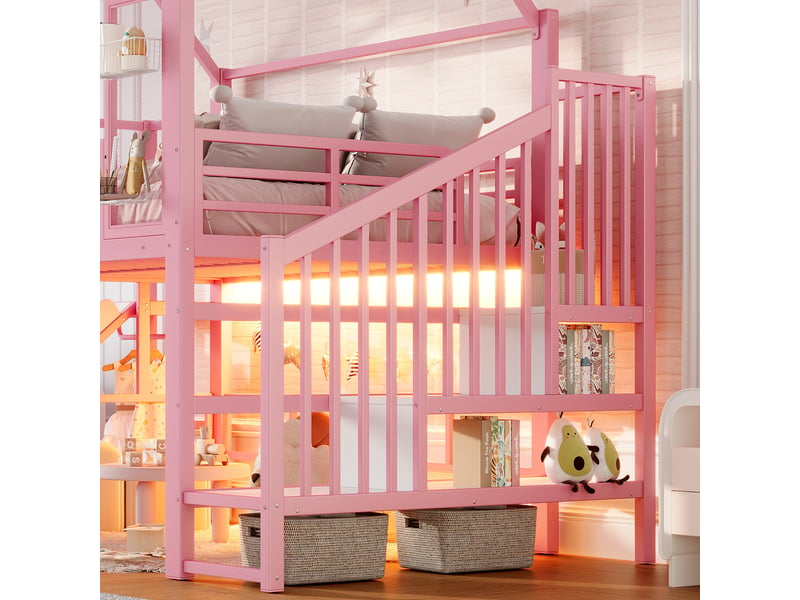  Lit mezzanine enfant 140 x 200 cm rose avec toboggan, escalier, rangements et éclairage led bluetooth  - Conforama R