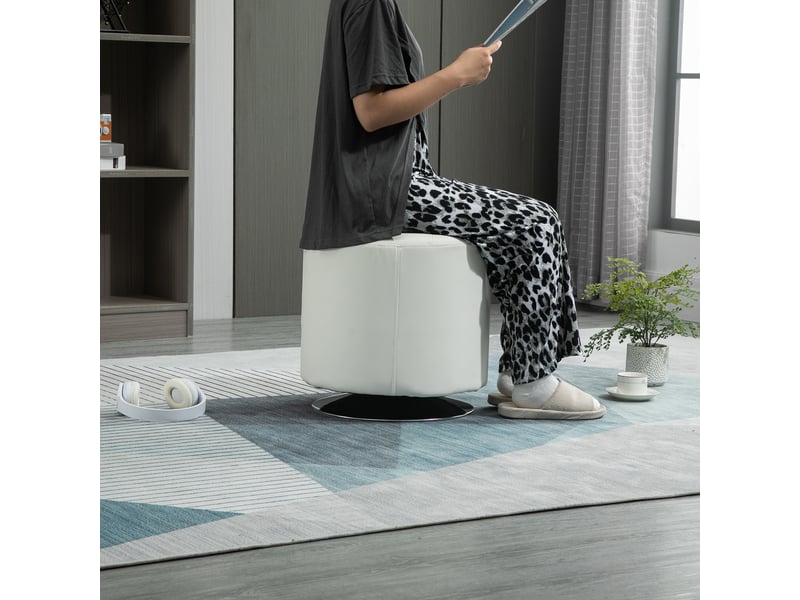  Repose pied salon pivotant à 360°, ottoman rond rembourré en pu avec base en acier, blanc,  45,5 x 44,5 cm  - Conforama D