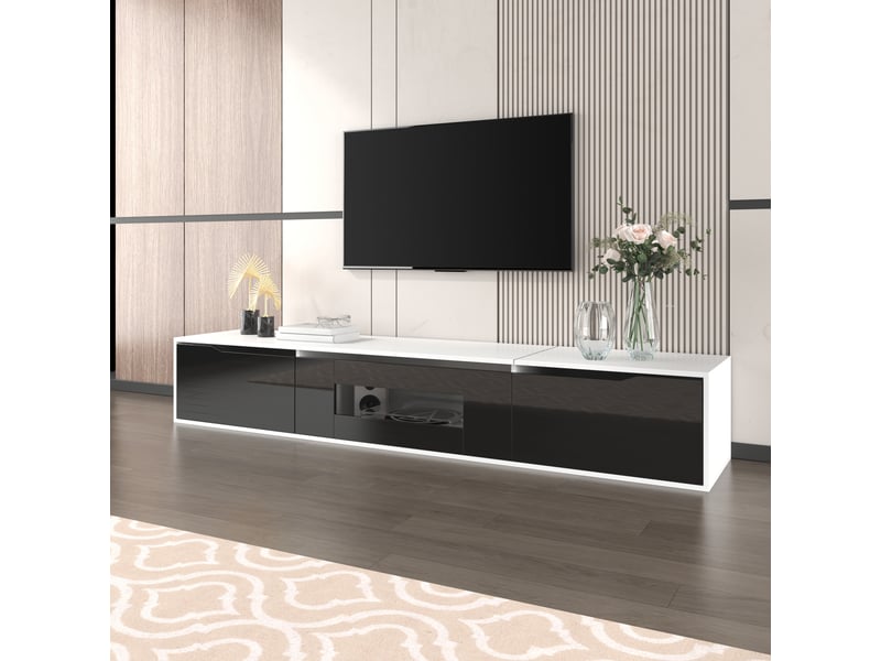  Meuble tv noir et blanc brillant avec éclairage led - couleurs changeantes, design moderne  - Conforama B