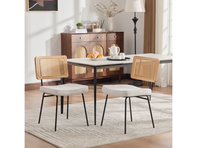 Ensemble 2 chaises modernes sans accoudoirs - dossier bois massif et rotin, assise chenille ivoire, pieds réglables - Conforama A