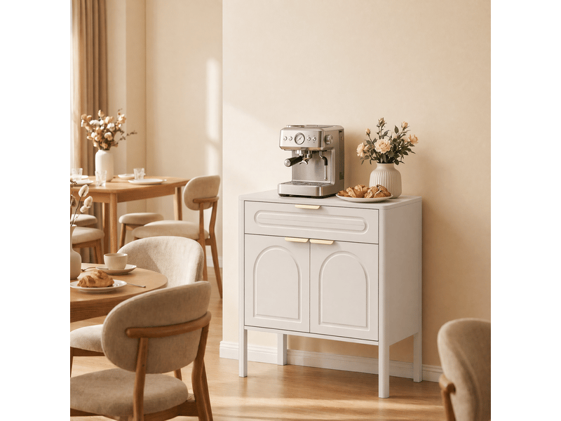 Buffet blanc moderne autoportant, armoire de rangement avec tiroir, poignées en métal doré et bords arrondis, pour entrée salon cuisine salle à manger - Conforama B